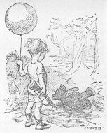 Christopher Robin holding balloon nd popgun on left. Pooh (ark) on ground in front of him.