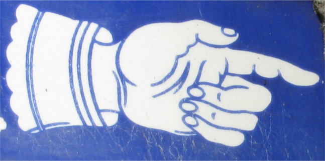 Blue and white pointing gloved hand