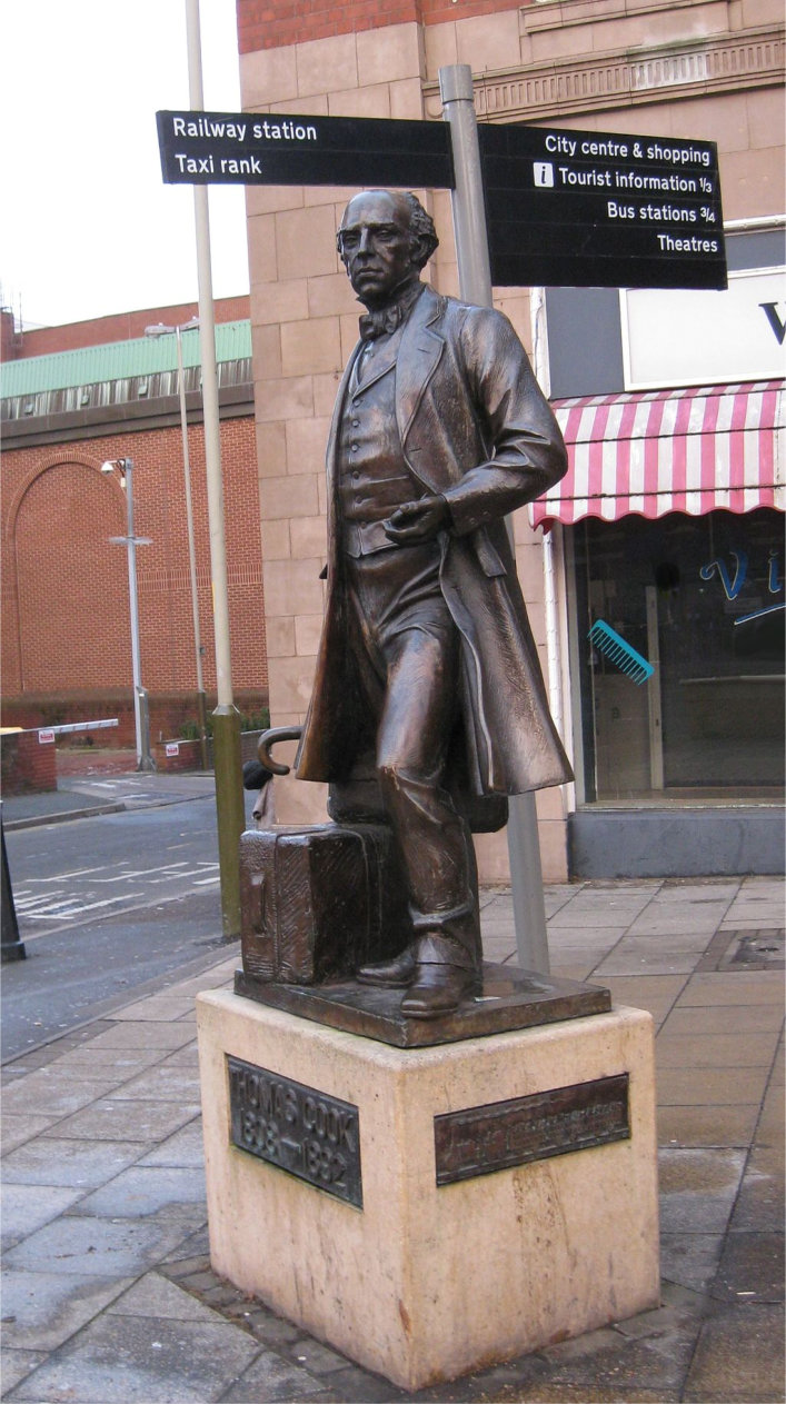 Thomas Cook by Walter Butler RA outside Leicester railway station. (CC-BY-SA 4.0) Staue of Thomas Cook looking left