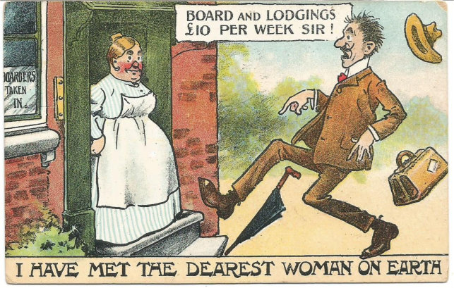 Old comic postcard. Landlady left, astonished potential lodger right.