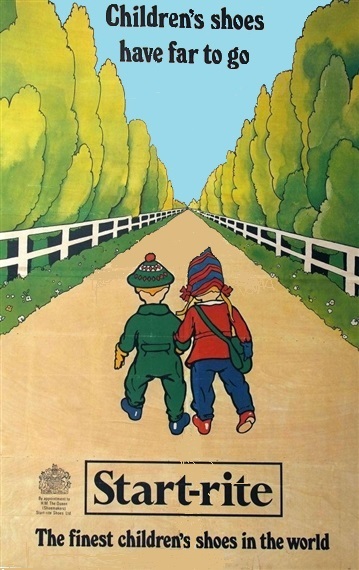 Two children walking on yellow road between green firss on old Start-Rite poster 'Children's shoes have far to go'.