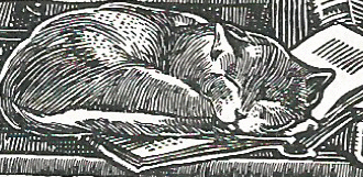 Graphic of cat curled up asleep on a book facing right