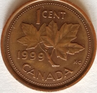 19999 Canadian penny with maple leaf
