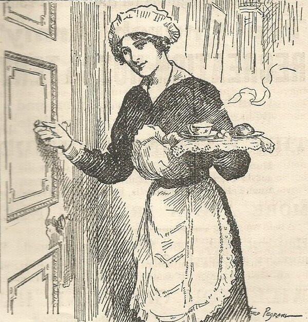 Maid with tray looking left knocking on bedroom door