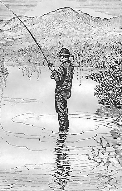 Manwith rod and wders facing left fly fishing in river