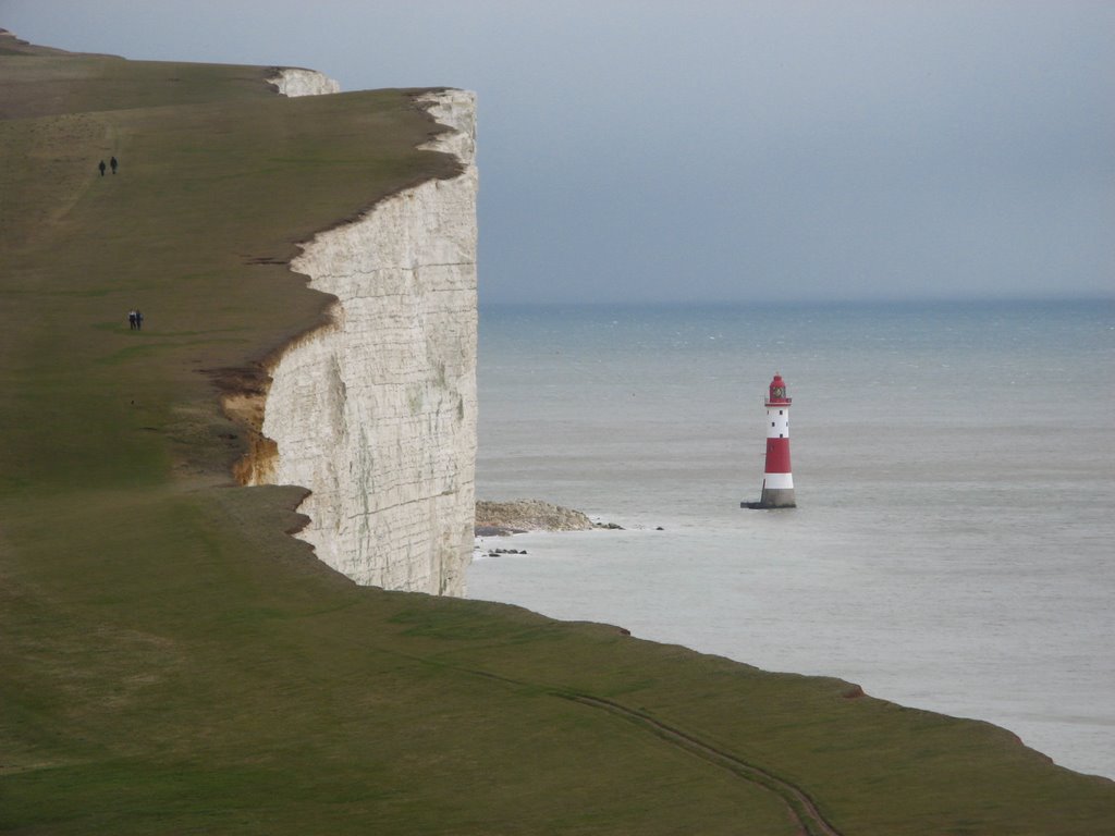 Beachy Head Sussex, Grass,,chak liffs on let, lighhouse below onright.