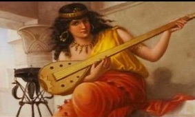 A dasel with a dulcimer (musical instrumnt with vey long stock