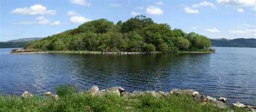 Distant view o Innisfree in Lough Gill