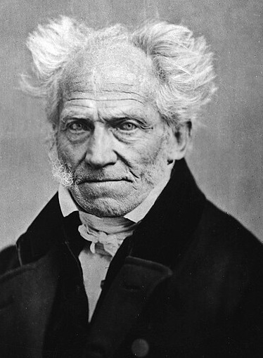 Arthur Schopenhauer head and shoulders monochrome photograph white hair standing up each side of head