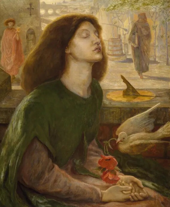 Beata Beatrix. Painting of woman looking right