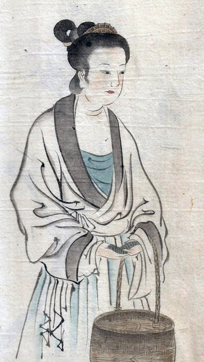 Ink sketch of oriental girl with basket