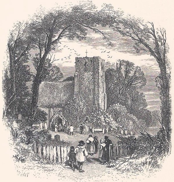 Villagers in churchyard. Steel-engraving 1858
