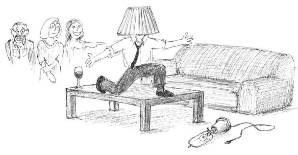 Person on table wearing lampshade and embarrased guests
