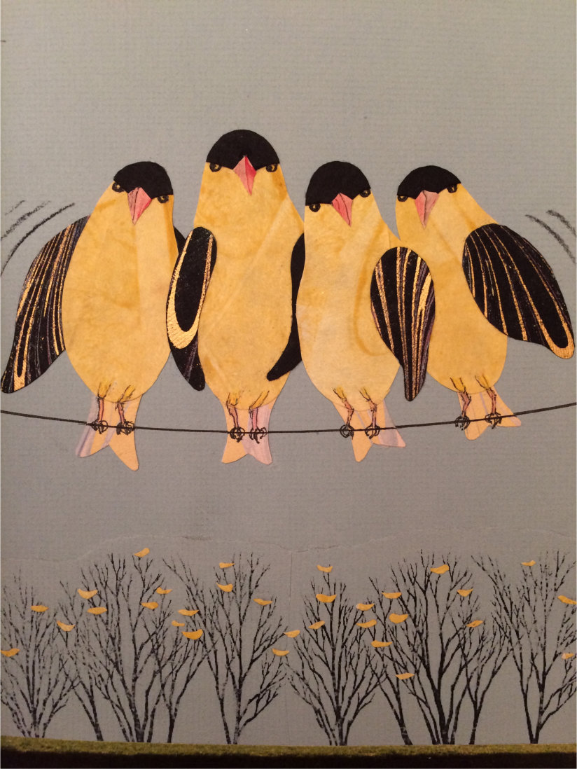 5 black and yellow birds on wire