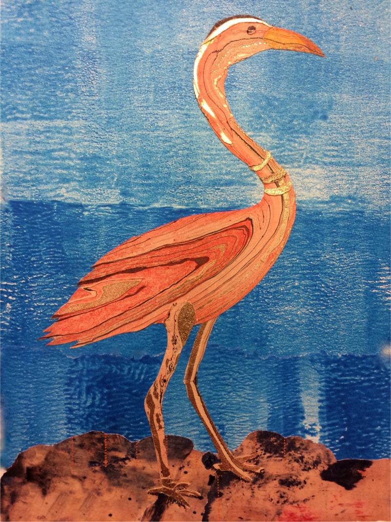 Flamingo-like red bird with three rings round neck