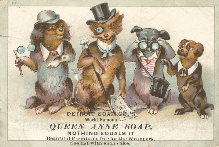 Four humanised dogs advertising soap.