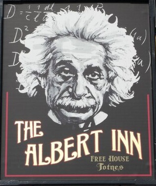 Pub sign in Totnes Devon. Albert Einstein on pu b sign oard in Totnes Devon