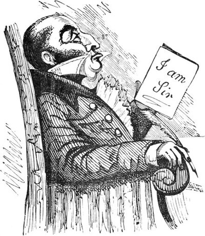 Man with Roman nose sitting in chair faci ng right with pen and begiining of letter sign off ' I am Sir ' ir' l 